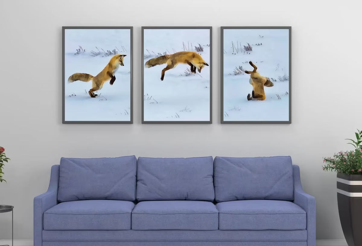 Red Fox Hunting in Snow Set of 3 Prints, Fox Wall Art, Jumping Fox Painting, Set of Three Prints, Gallery Wall Set, Downloadable Prints – Printable Wall Art Set