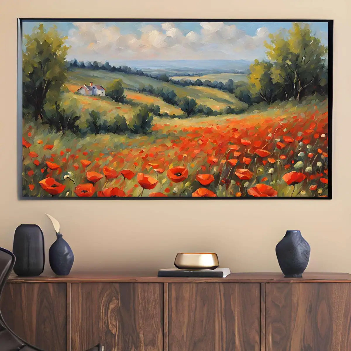 Detail view of artwork from Red Poppies Art For Frame TV. Colorful Wall Floral Artwork For Home. Landscape Oil Painting Decor For Modern Interior. (variation 2)
