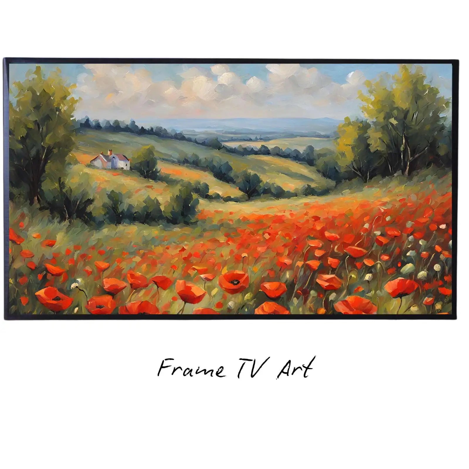 Red Poppies Art For Frame TV. Colorful Wall Floral Artwork For Home. Landscape Oil Painting Decor For Modern Interior displayed on Samsung Frame TV on a living room wall.