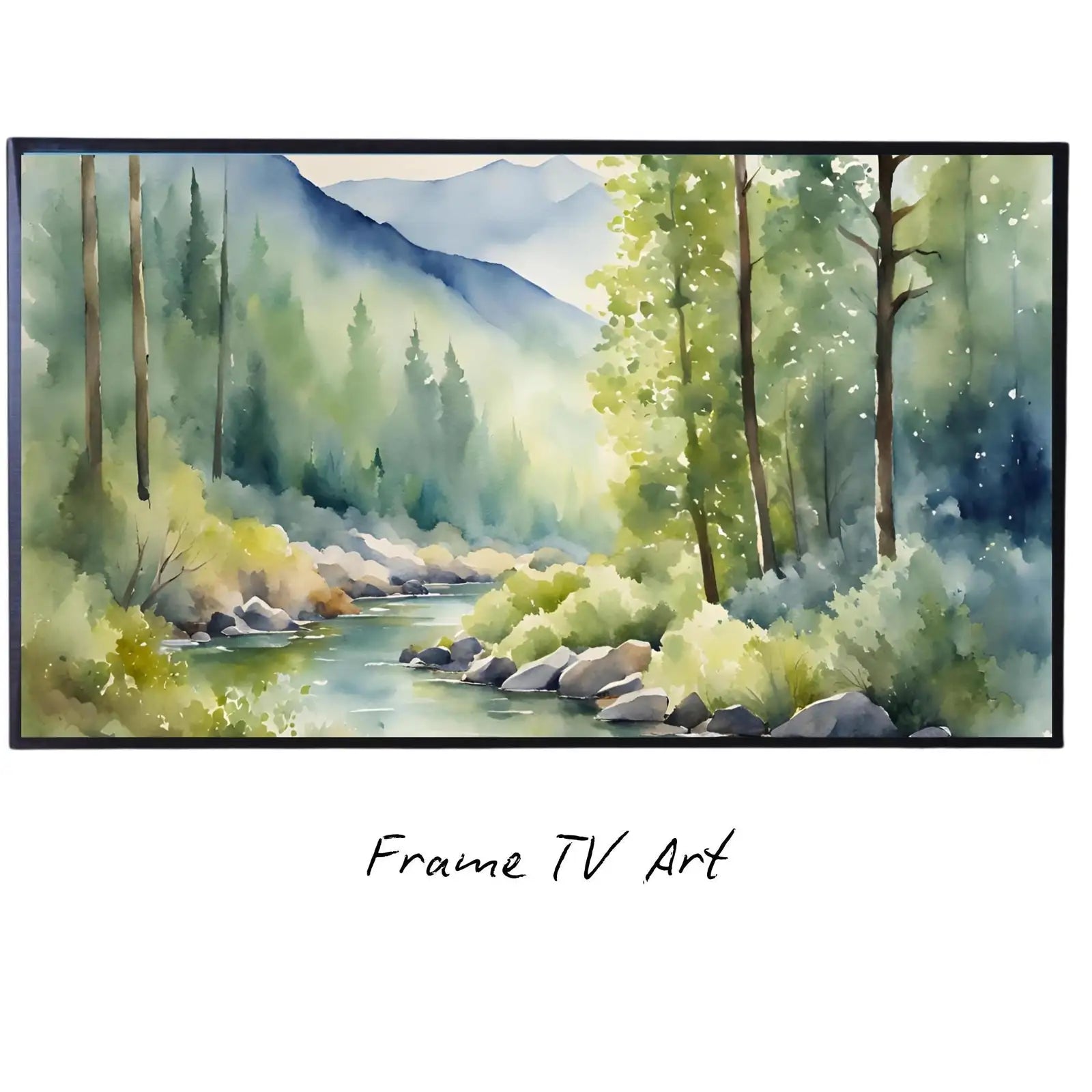 River Forest Art I Minimalist Mountain Watercolor Decor I Frame TV Wall Art for Samsung Frame TV displayed on Samsung Frame TV on a living room wall.