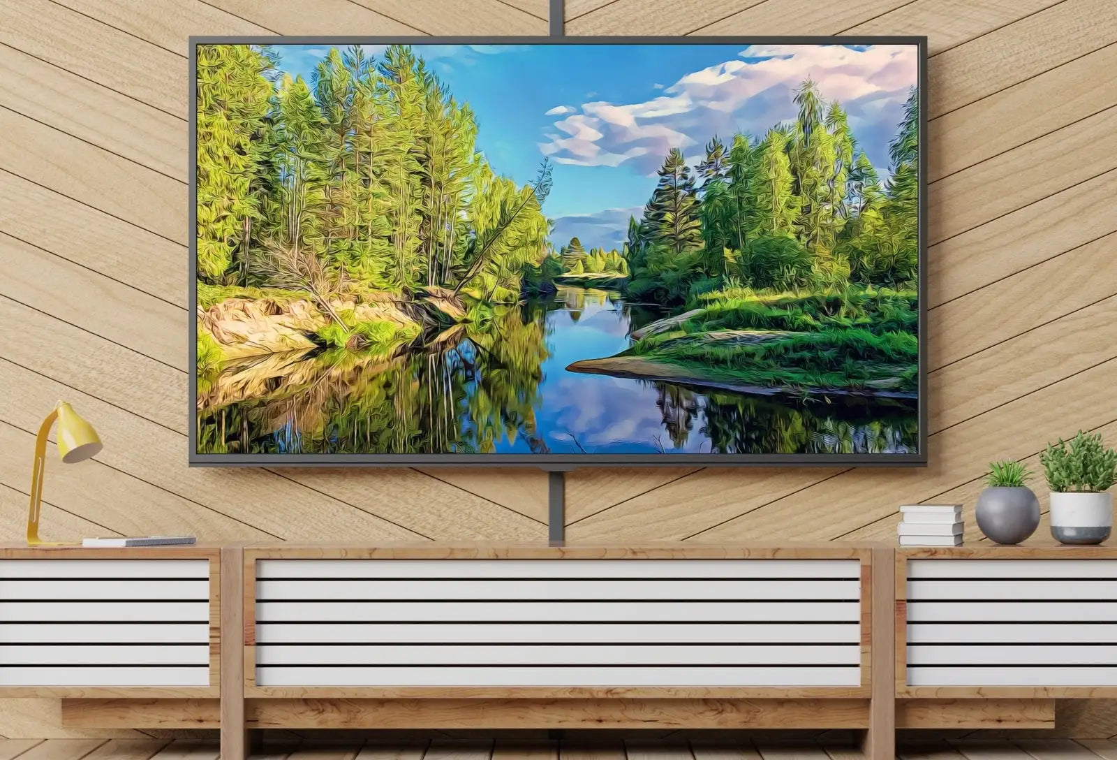 Included artwork preview showing first selection of artworks from River in Forest Landscape Digital Painting, Frame TV Art Digital Download, Digital Art for Tv, Colorful Art for Frame TV.