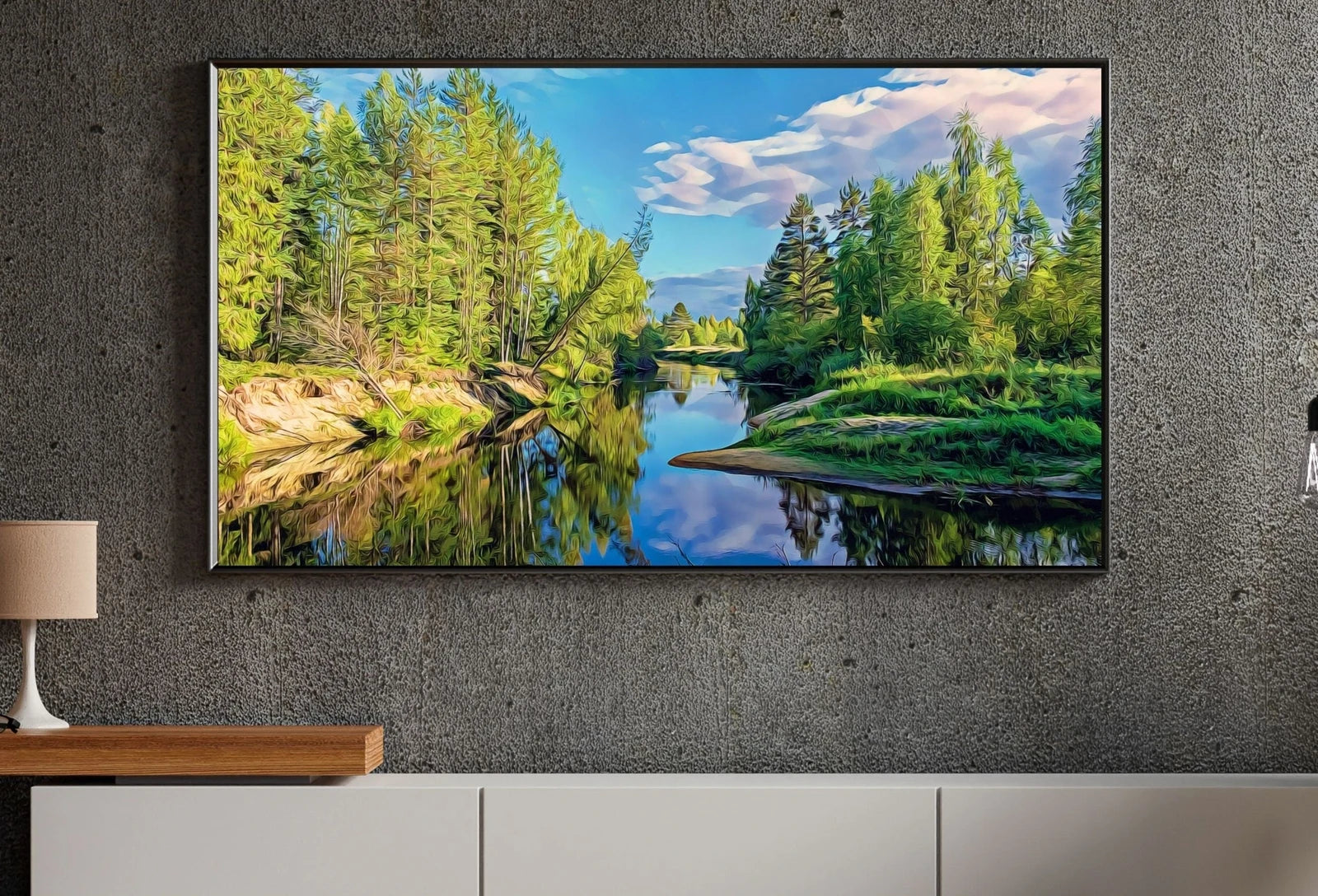 Detail view of artwork from River in Forest Landscape Digital Painting, Frame TV Art Digital Download, Digital Art for Tv, Colorful Art for Frame TV. (variation 1)