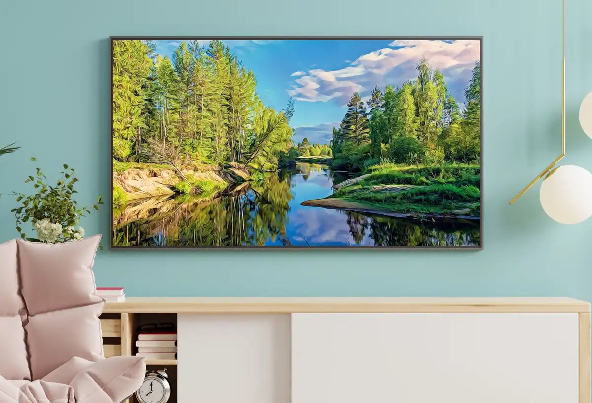 Detail view of artwork from River in Forest Landscape Digital Painting, Frame TV Art Digital Download, Digital Art for Tv, Colorful Art for Frame TV. (variation 2)