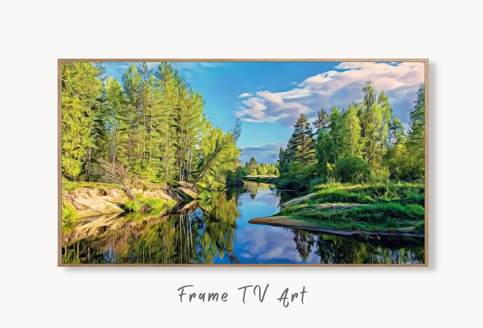 River in Forest Landscape Digital Painting, Frame TV Art Digital Download, Digital Art for Tv, Colorful Art for Frame TV displayed on Samsung Frame TV on a living room wall.