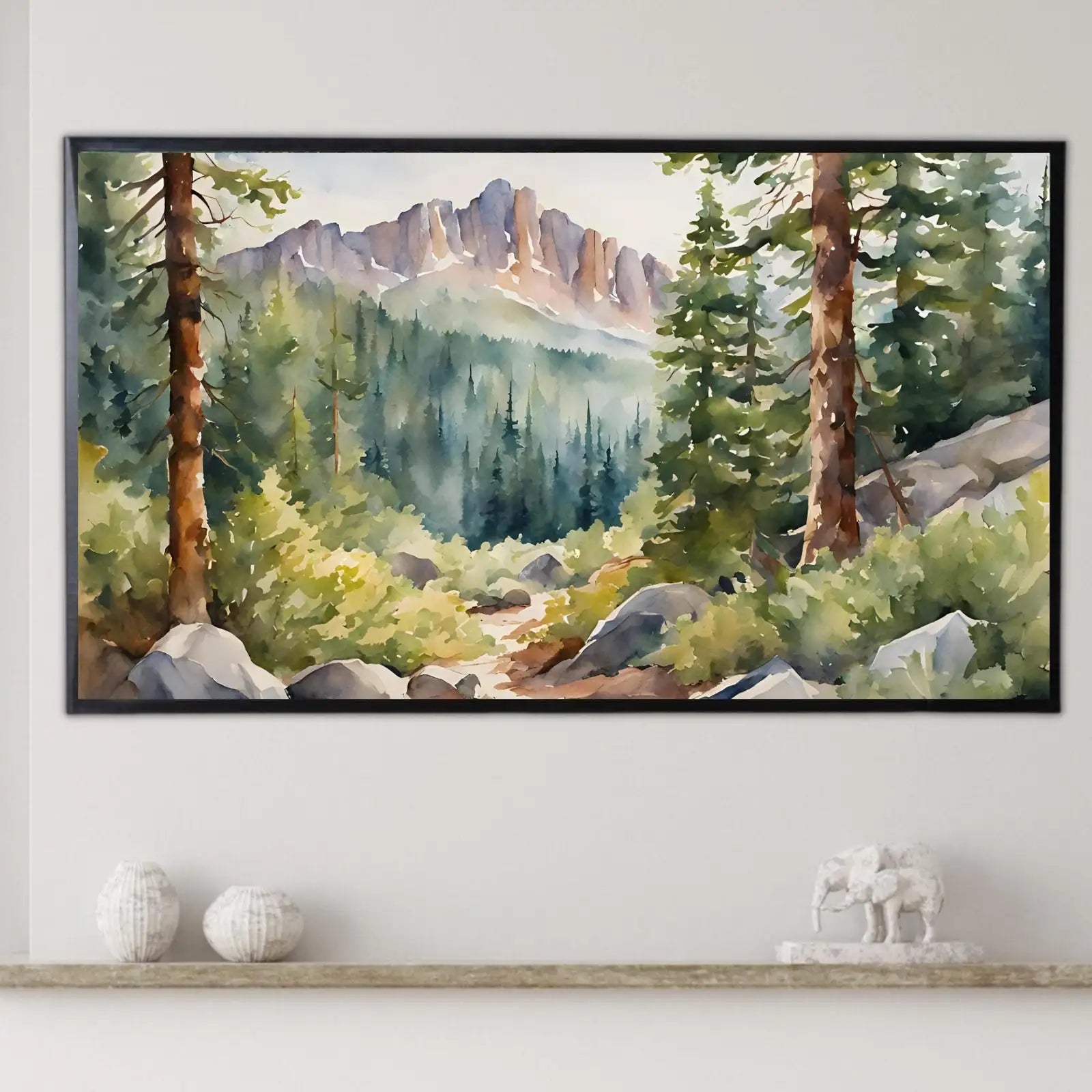 Included artwork preview showing first selection of artworks from Rocky Mountains Art For Frame TV. Forest Watercolor Nature Landscape Prints. 4K Nature Decor. Instant Download.