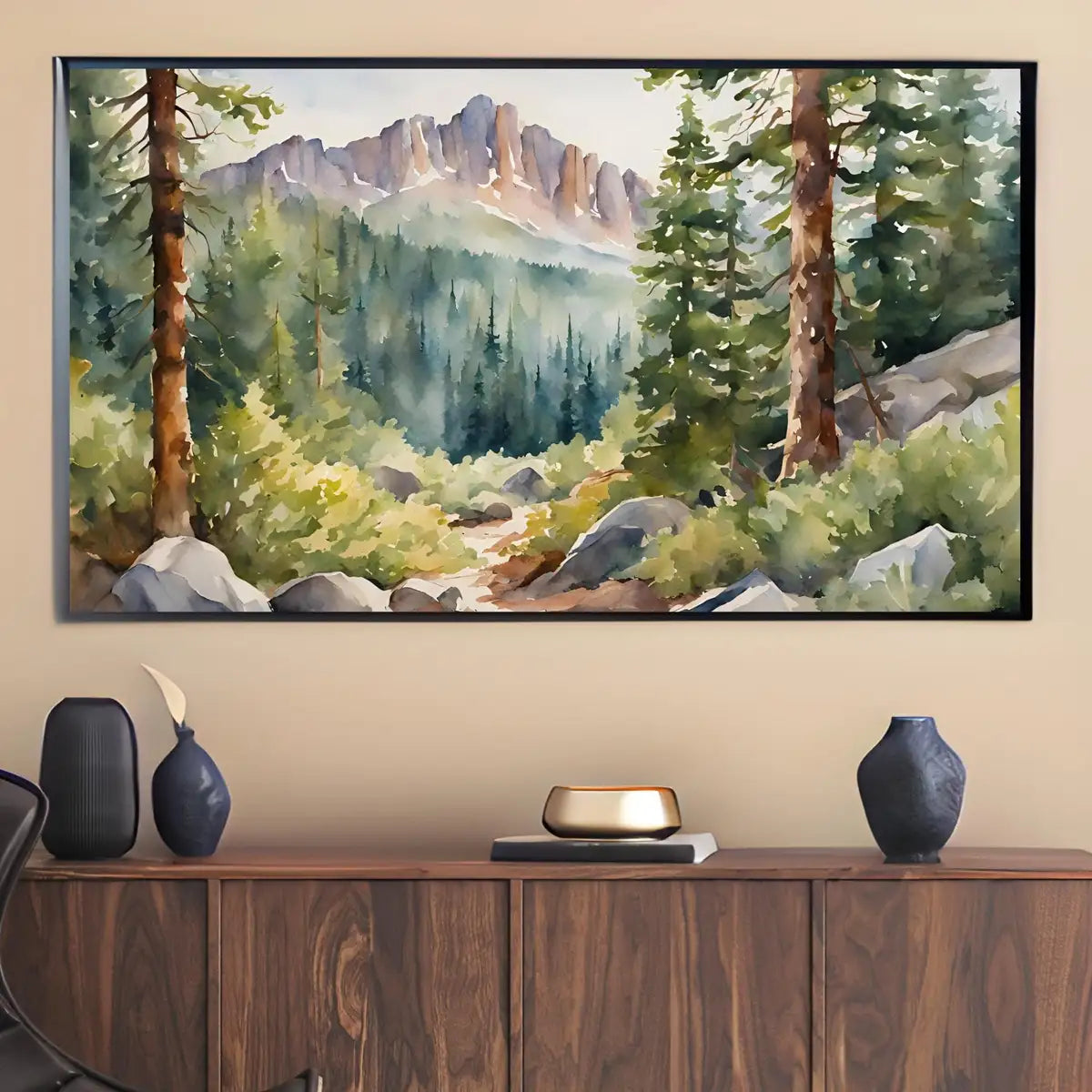 Detail view of artwork from Rocky Mountains Art For Frame TV. Forest Watercolor Nature Landscape Prints. 4K Nature Decor. Instant Download. (variation 5)