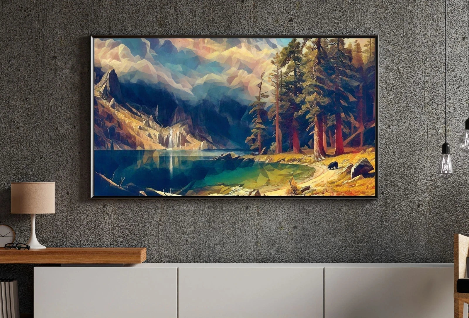 Detail view of artwork from Rocky Mountains Landscape Painting w/ Bear, Frame TV Art, Digital Download, Digital Art for TV, Colorful Wall Art, Artwork for The Frame TV. (variation 1)