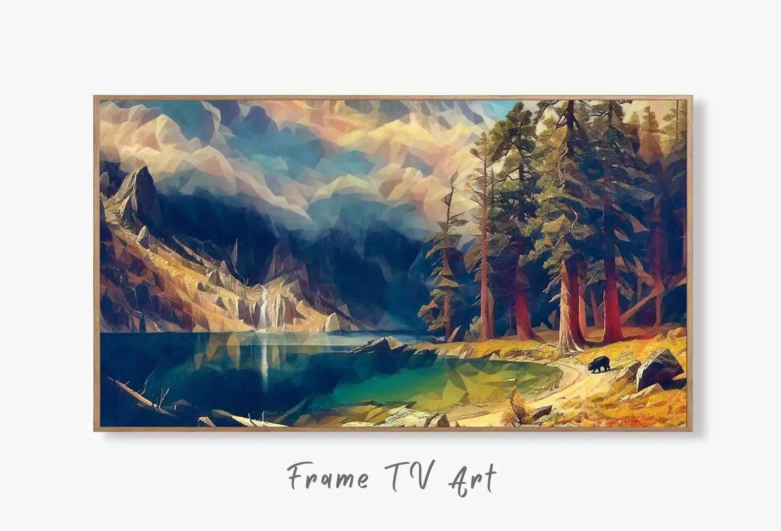 Rocky Mountains Landscape Painting w/ Bear, Frame TV Art, Digital Download, Digital Art for TV, Colorful Wall Art, Artwork for The Frame TV displayed on Samsung Frame TV on a living room wall.