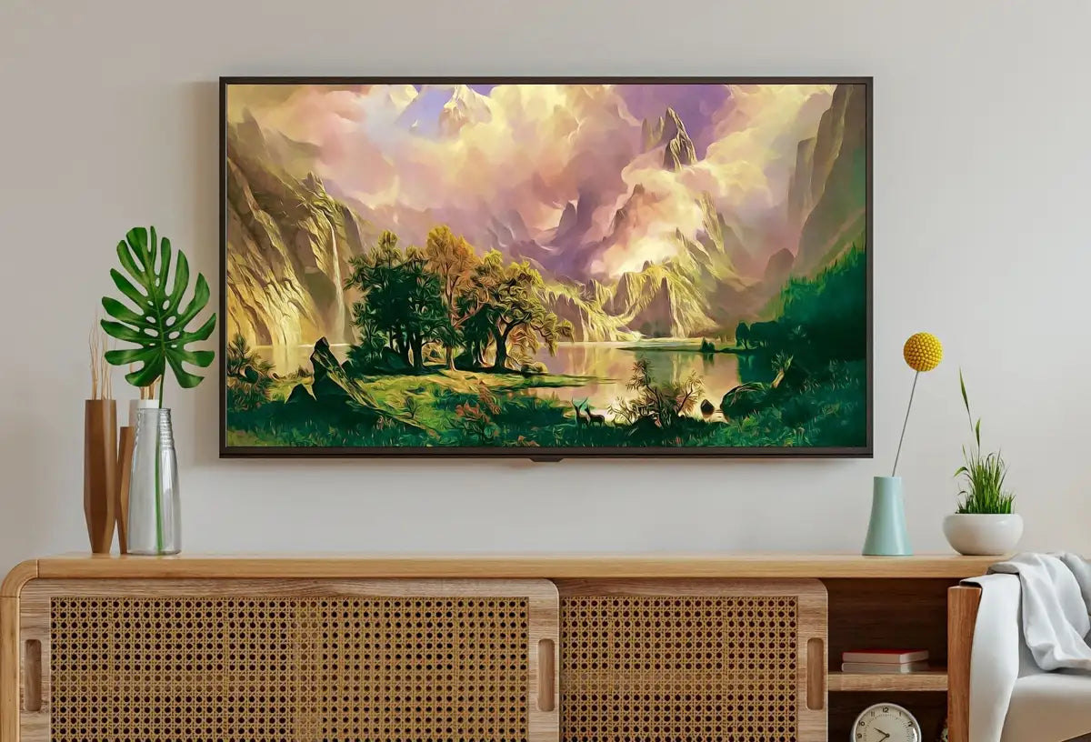 Detail view of artwork from Rocky Mountains Landscape Painting w/ Deer, Frame TV Art, Digital Download, Digital Art for TV, Colorful Wall Art, Artwork for The Frame TV. (variation 2)