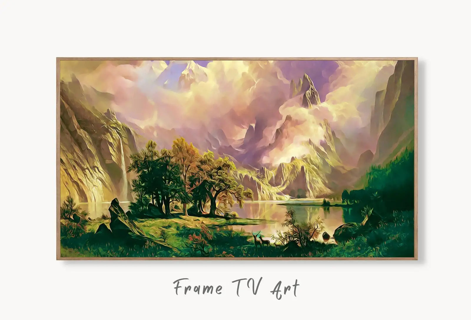 Rocky Mountains Landscape Painting w/ Deer, Frame TV Art, Digital Download, Digital Art for TV, Colorful Wall Art, Artwork for The Frame TV displayed on Samsung Frame TV on a living room wall.
