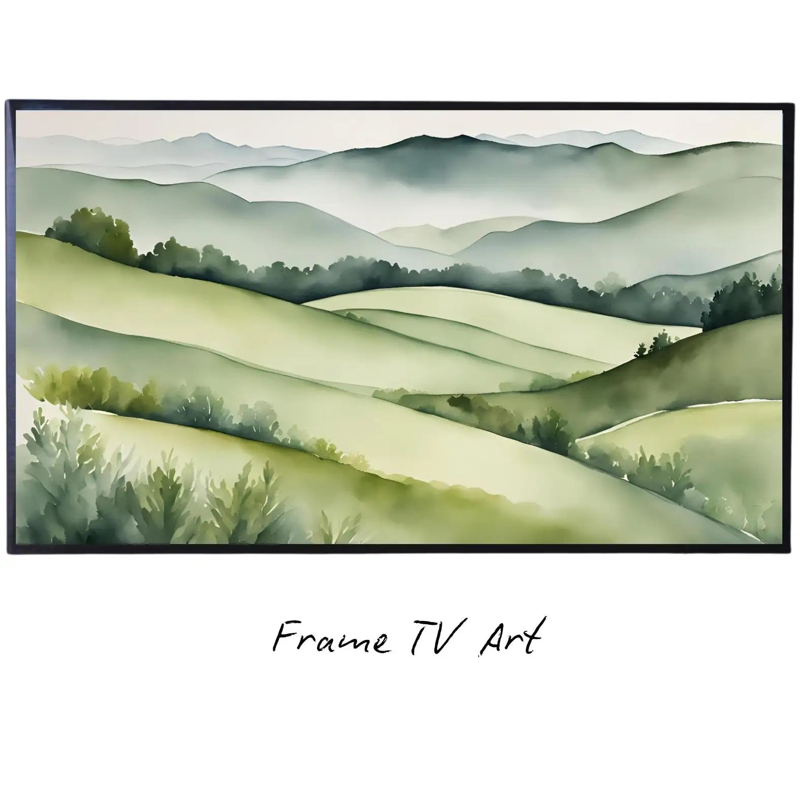 Sage Green Art For Frame TV. Countryside Decor For Samsung Frame TV. Watercolor Home Design For Frame TV 4K. displayed on Samsung Frame TV on a living room wall.