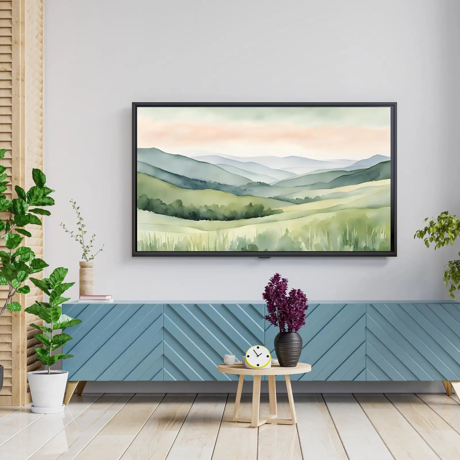 Detail view of artwork from Sage Green Art For Frame TV I Countryside Decor For Samsung Frame TV I Minimalist Home 4K Wall Art. (variation 1)