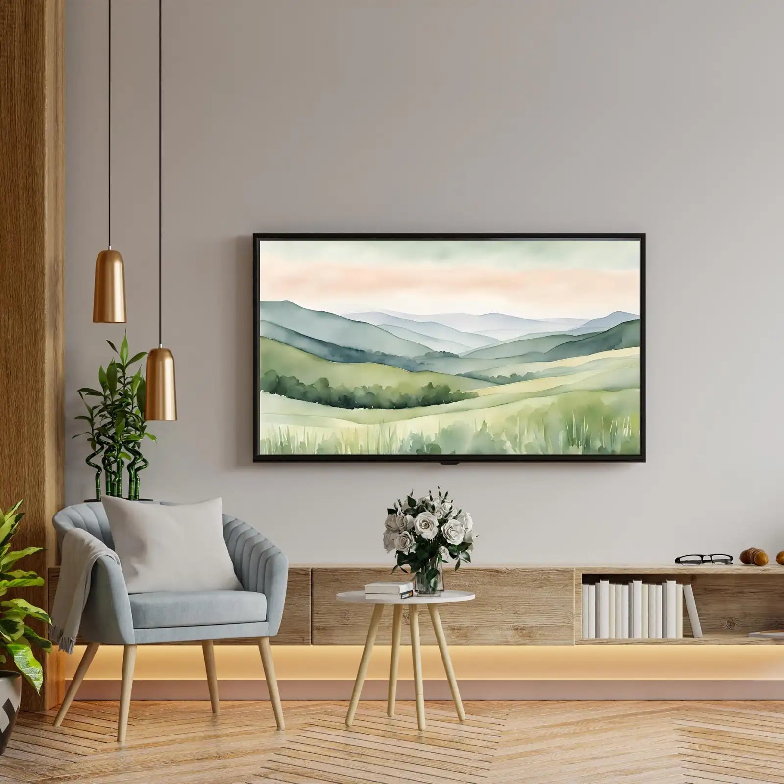 Detail view of artwork from Sage Green Art For Frame TV I Countryside Decor For Samsung Frame TV I Minimalist Home 4K Wall Art. (variation 2)