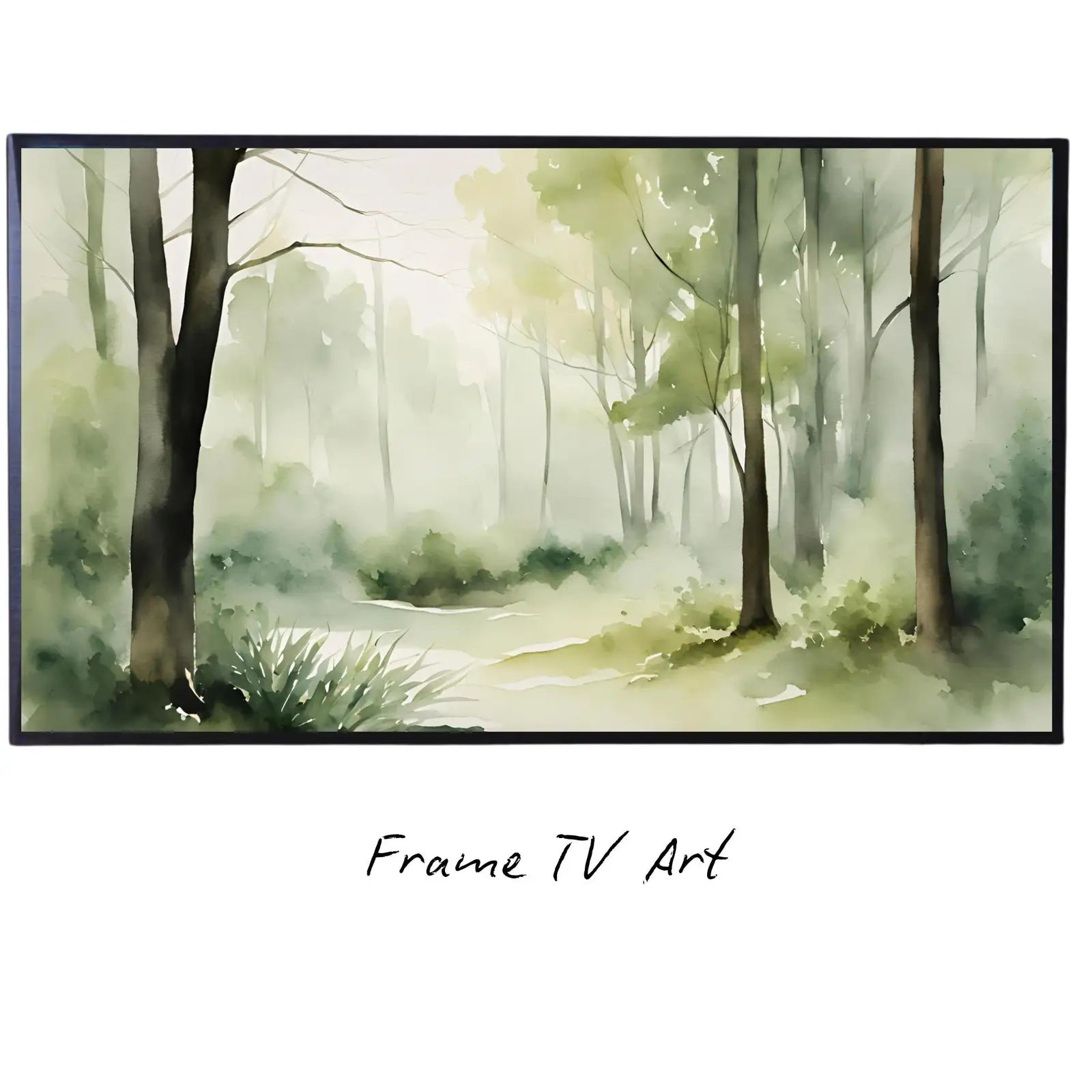 Sage Green Art for Samsung Frame TV I Minimalist Decor for Frame TV I Forest Landscape Wall Art for Modern Aesthetic displayed on Samsung Frame TV on a living room wall.