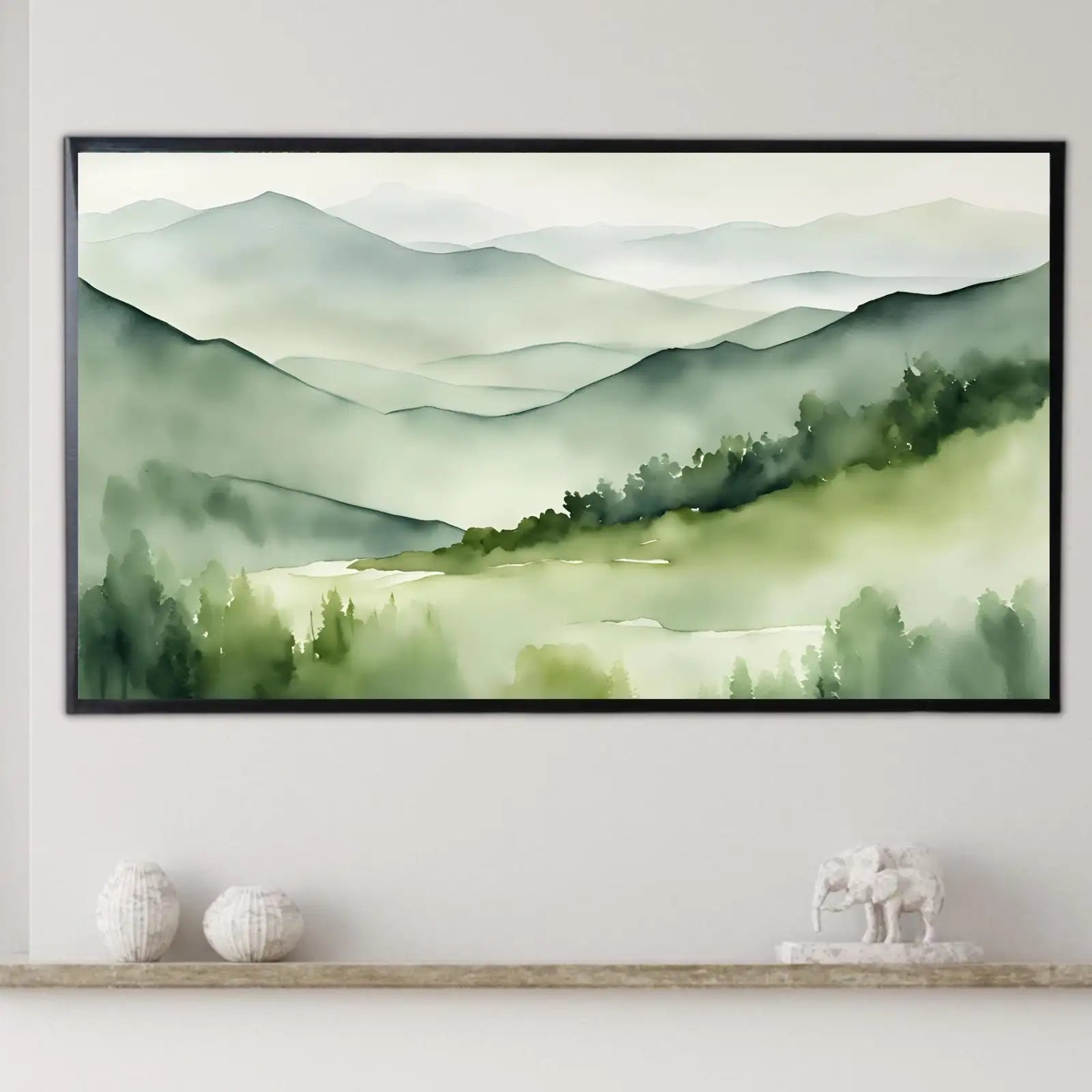Detail view of artwork from Sage Green Art For Samsung Frame TV I Watercolor Minimalist Landscape Mountains I 4K Wall Art Decor For Frame TV. (variation 1)