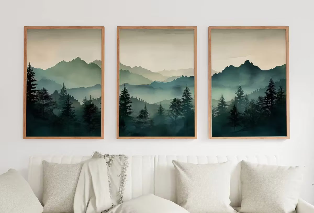 Sage Green Mountain 3 Piece Wall Art | Watercolor Mountain Landscape | Abstract Nature Printable | Modern Minimal Decor | Pine Forest – Printable Wall Art