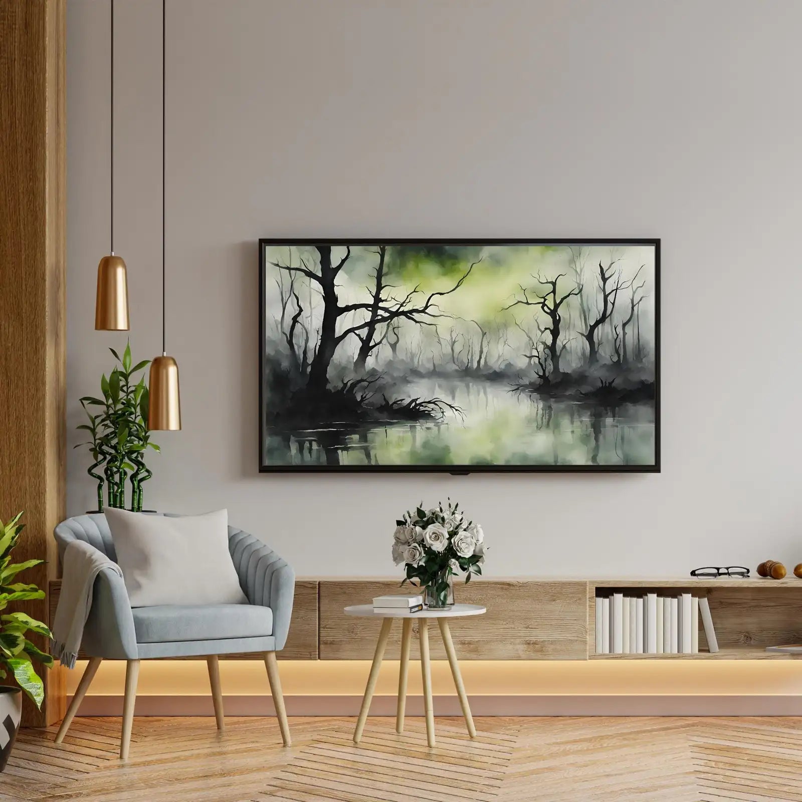 Detail view of artwork from Samsung Frame Art for 4K TV I Dark Green Minimalist Wall Decor I Unique Artwork for Frame TV. (variation 2)