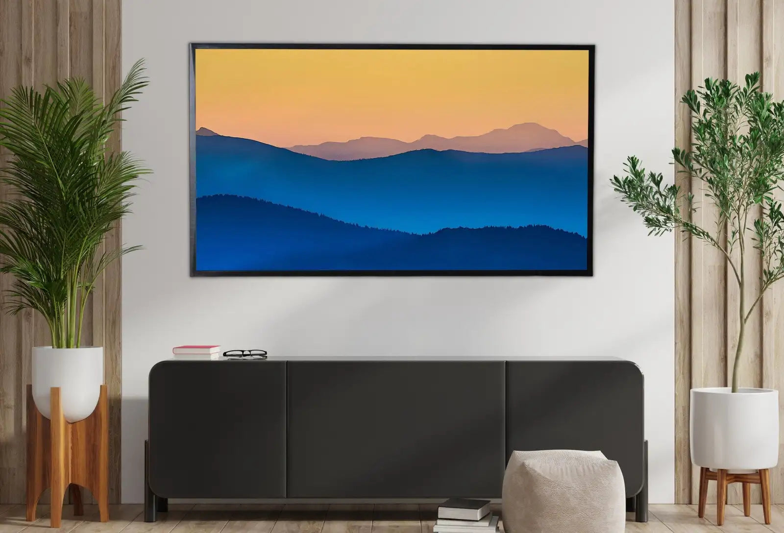 Detail view of artwork from Samsung Frame TV Art 4K Abstract Mountain Sunrise Landscape Wall Art. Instant Download Blue Mountain Digital Painting. Art for the Frame TV. (variation 2)