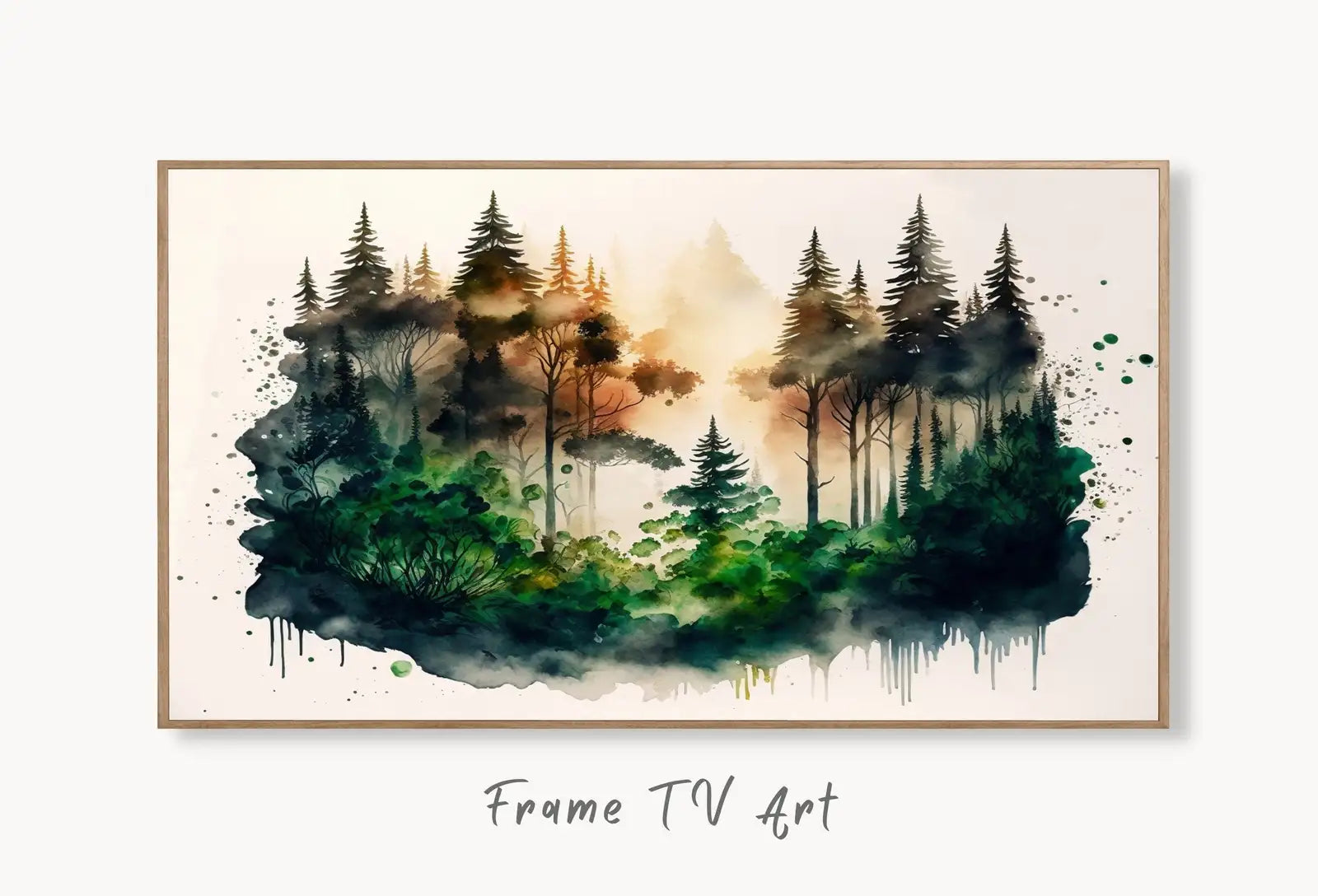 Samsung Frame TV Art 4K Abstract Watercolor Forest Landscape Painting. Instant Download Minimalist Art for Samsung Frame TV. Art for TV displayed on Samsung Frame TV on a living room wall.