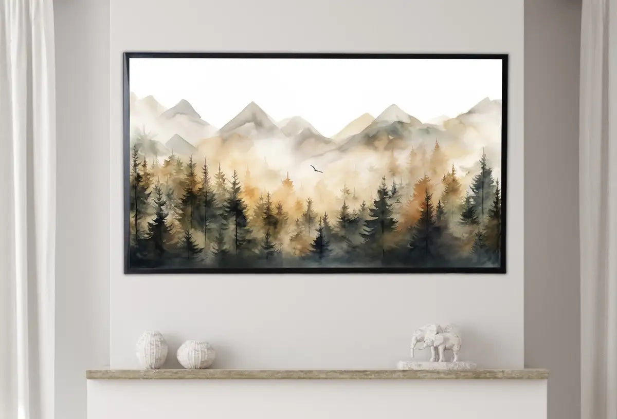 Detail view of artwork from Samsung Frame TV Art 4K Autumn Mountain Forest Landscape Painting. Instant Download. Fall Forest Art for Samsung Frame TV. Art for TV. (variation 2)