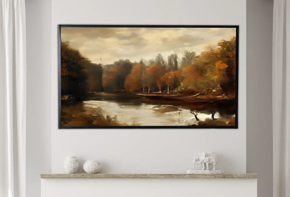 Detail view of artwork from Samsung Frame TV Art 4K Autumn River Landscape Rustic Digital Painting. Instant Download Muted Fall Art for Samsung Frame TV. Art for TV. (variation 2)