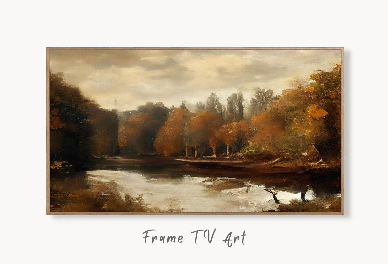 Samsung Frame TV Art 4K Autumn River Landscape Rustic Digital Painting. Instant Download Muted Fall Art for Samsung Frame TV. Art for TV displayed on Samsung Frame TV on a living room wall.