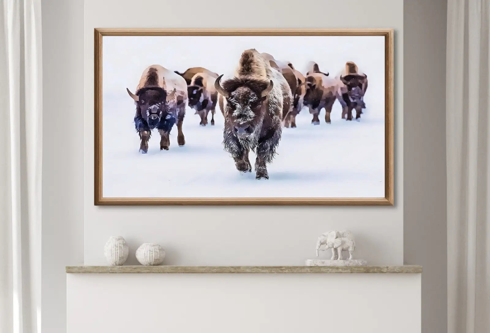 Detail view of artwork from Samsung Frame TV Art 4K Bison Herd in Snow Landscape Digital Painting. Instant Download Buffalo Art for the Samsung Frame TV. Art for TV. (variation 1)
