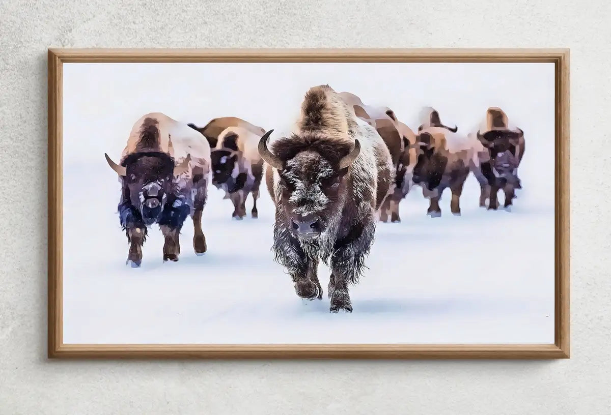 Detail view of artwork from Samsung Frame TV Art 4K Bison Herd in Snow Landscape Digital Painting. Instant Download Buffalo Art for the Samsung Frame TV. Art for TV. (variation 2)