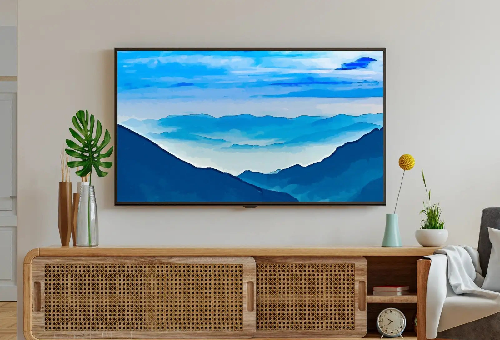 Detail view of artwork from Samsung Frame TV Art 4K Blue Abstract Mountain Landscape Wall Art. Instant Download Mountain Digital Painting Blue Wall Art for the Frame TV.