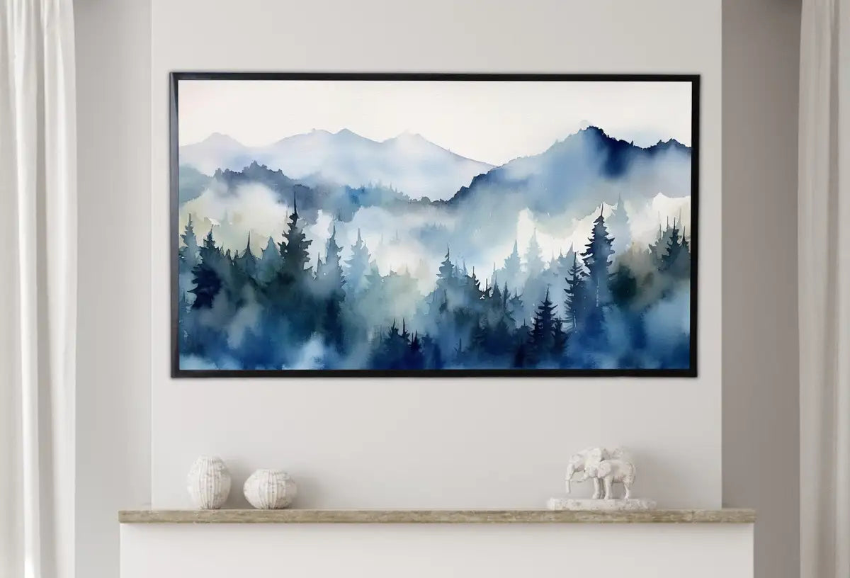 Detail view of artwork from Samsung Frame TV Art 4K Blue Mountain Forest Landscape Painting. Instant Download. Abstract Forest Art for Samsung Frame TV. Art for TV. (variation 2)