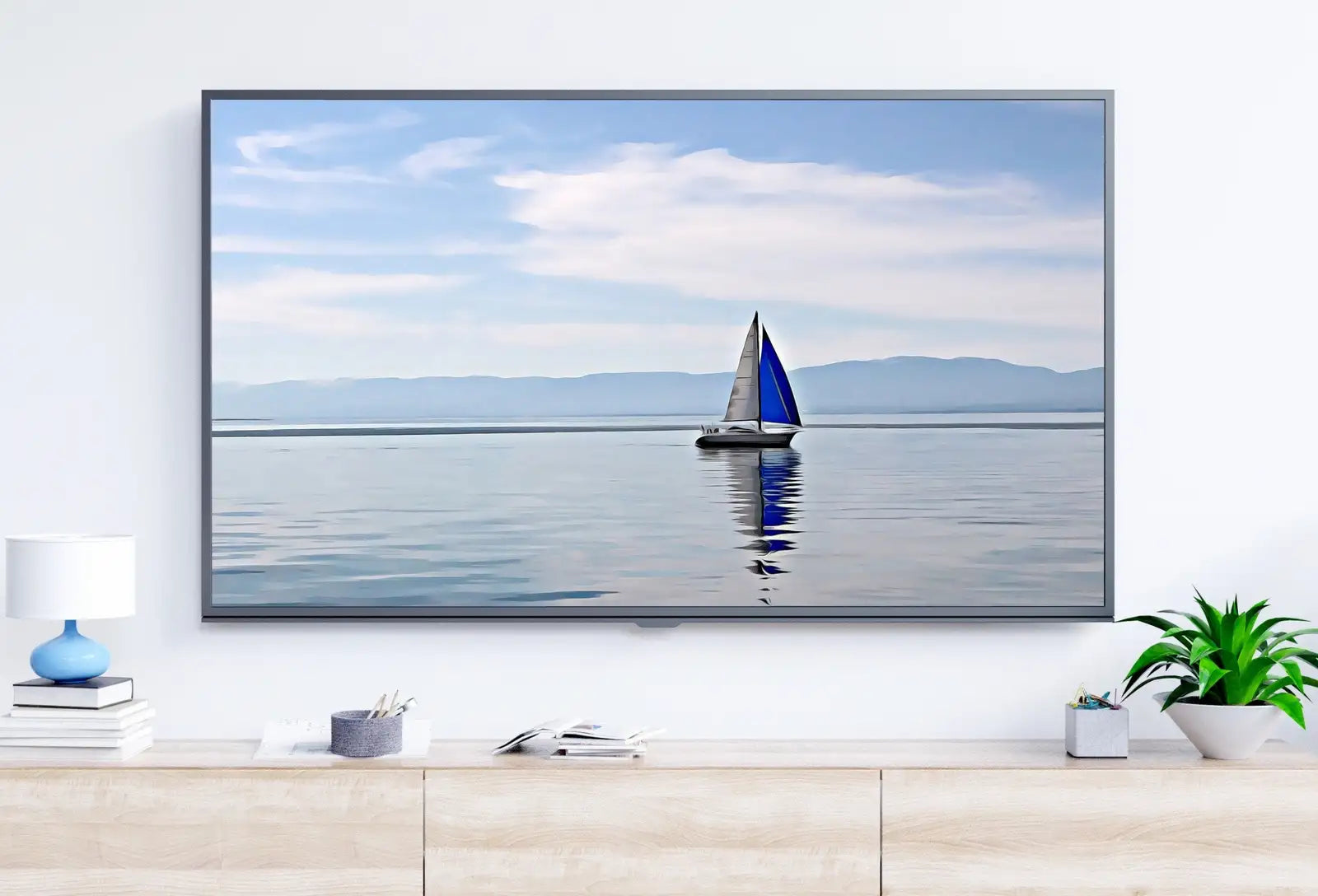 Included artwork preview showing first selection of artworks from Samsung Frame TV Art 4K Blue Sailboat Painting Nautical Wall Art. Instant Download Boat Painting for the Frame TV. Sailing Ocean Art for TV.