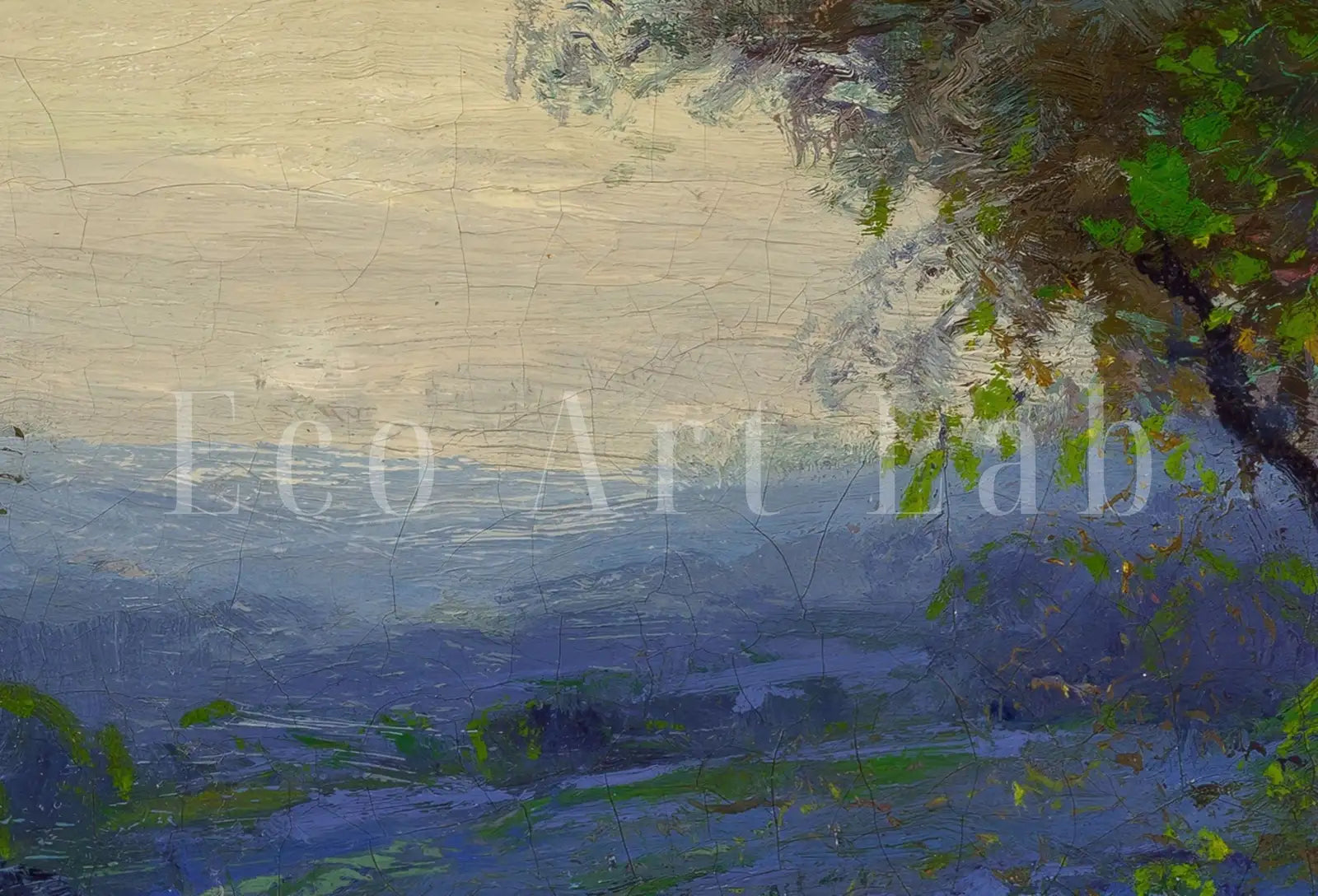 Detail view of artwork from Samsung Frame TV Art 4K Bluebonnets Field Landscape. Blue Bonnets Vintage Spring Landscape Painting. Instant Download. Wall Art for Frame TV. (variation 1)
