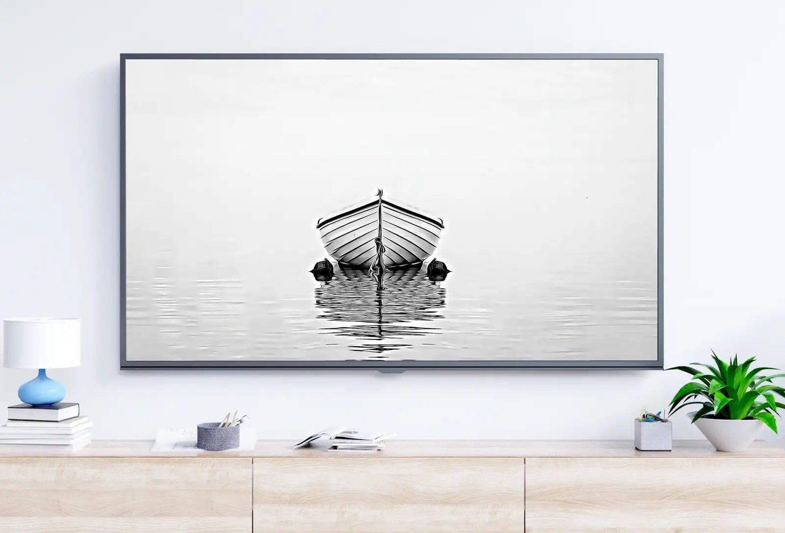 Included artwork preview showing first selection of artworks from Samsung Frame TV Art 4K Boat At Sea Print, Nautical Wall Decor. Instant Download Black and White Art for the Frame TV. Minimalist Art for TV.