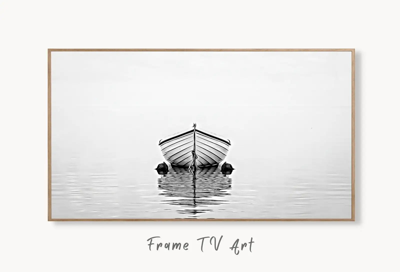 Samsung Frame TV Art 4K Boat At Sea Print, Nautical Wall Decor. Instant Download Black and White Art for the Frame TV. Minimalist Art for TV displayed on Samsung Frame TV on a living room wall.