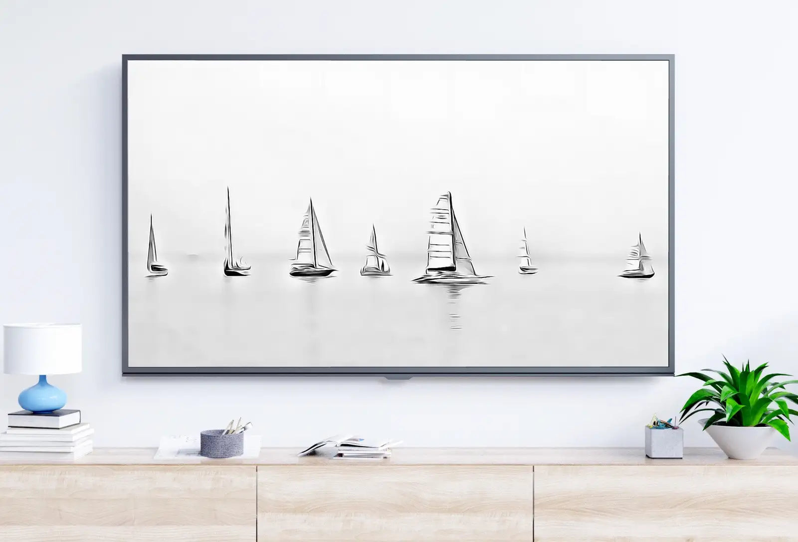 Included artwork preview showing first selection of artworks from Samsung Frame TV Art 4K Boats at Sea Painting Nautical Wall Art. Instant Download Boat Painting for the Frame TV. Minimalist Art for TV.