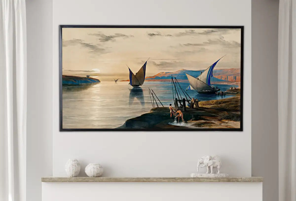 Detail view of artwork from Samsung Frame TV Art 4K Boats on the Nile Ancient Egyptian Wall Art. Instant Download Antique Nautical Vintage Egyptian Art for Frame TV.. (variation 2)