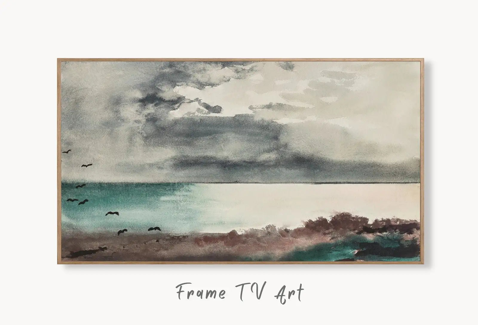 Samsung Frame TV Art 4K, Breaking Ocean Storm Vintage Painting. Frame Art Tv Digital Download for Samsung TV Coastal Landscape Frame TV Art displayed on Samsung Frame TV on a living room wall.