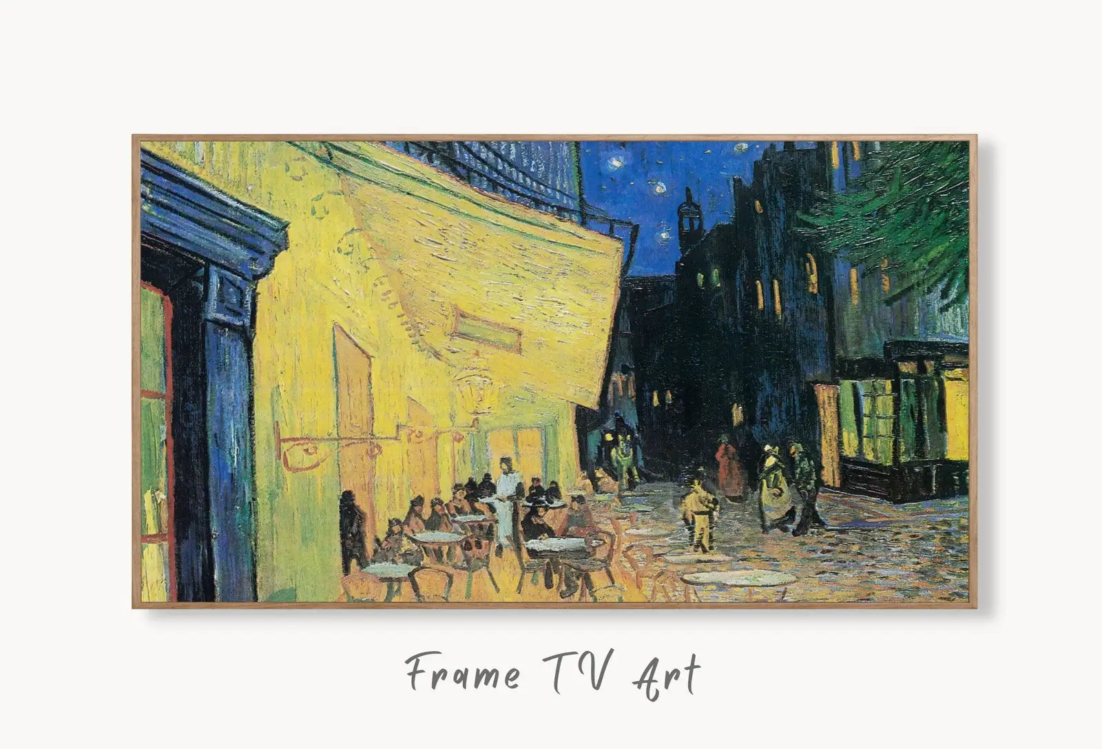 Samsung Frame TV Art 4K Café Terrace Famous Painting by Vincent van Gogh. Instant Download van Gogh Art for the Frame TV. Vintage Wall Art displayed on Samsung Frame TV on a living room wall.