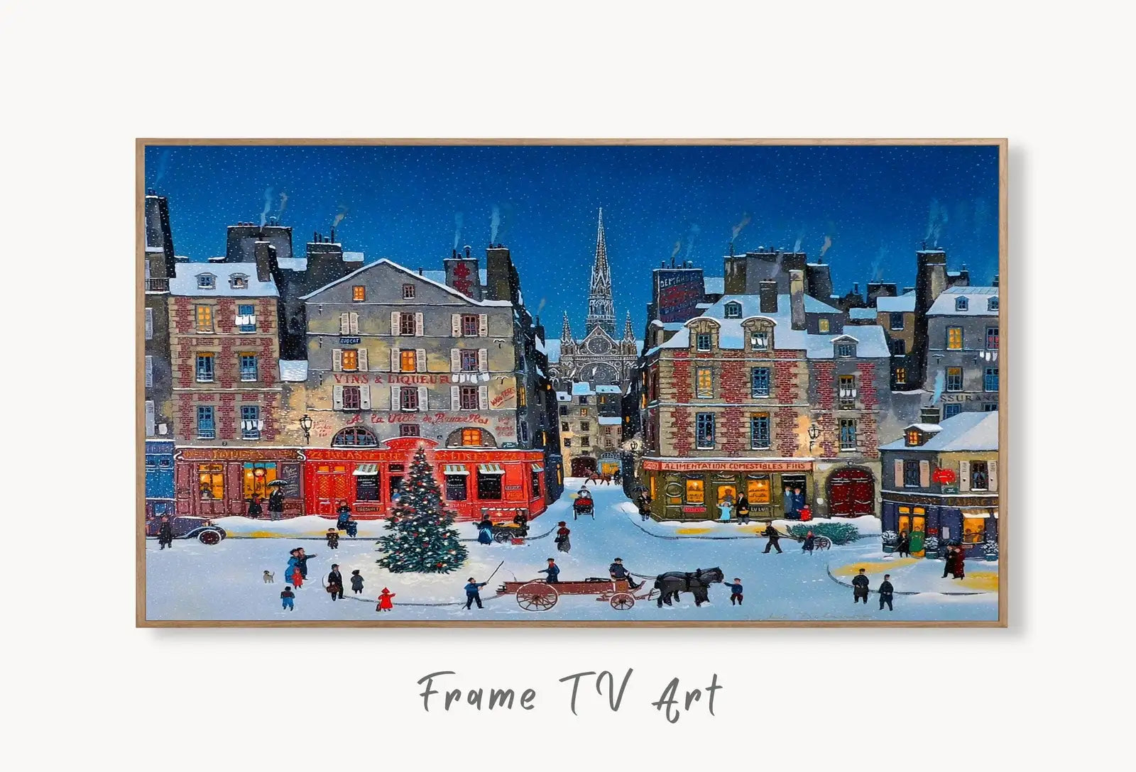 Samsung Frame TV Art 4K Christmas in the City Winter Landscape Painting. Frame TV Art Digital Download. Art for Tv Colorful Art for Frame TV displayed on Samsung Frame TV on a living room wall.