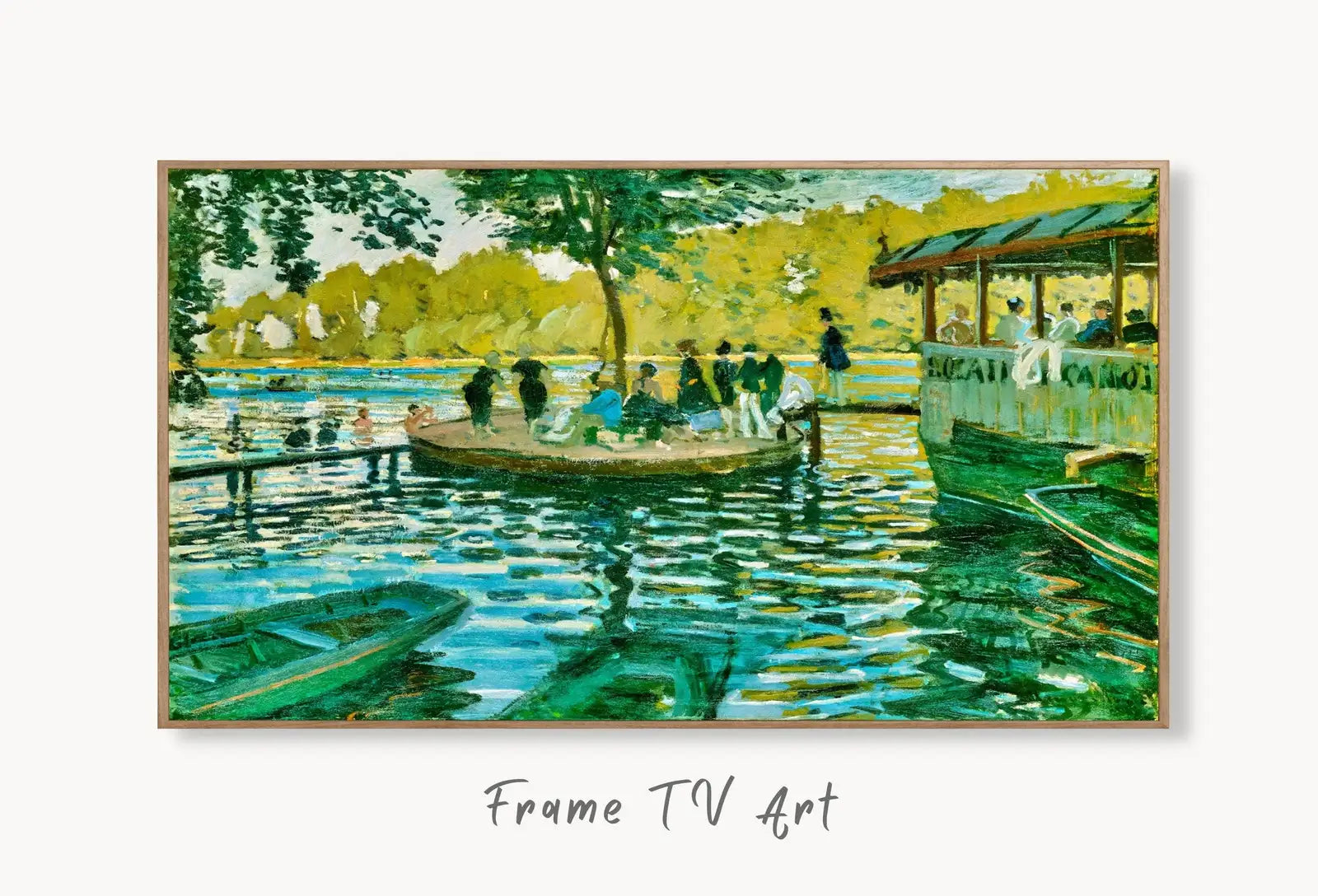 Samsung Frame TV Art 4K Claude Monet La Grenouillère Famous Painting. Instant Download Vintage Art for Samsung Frame TV. Monet Art for TV displayed on Samsung Frame TV on a living room wall.