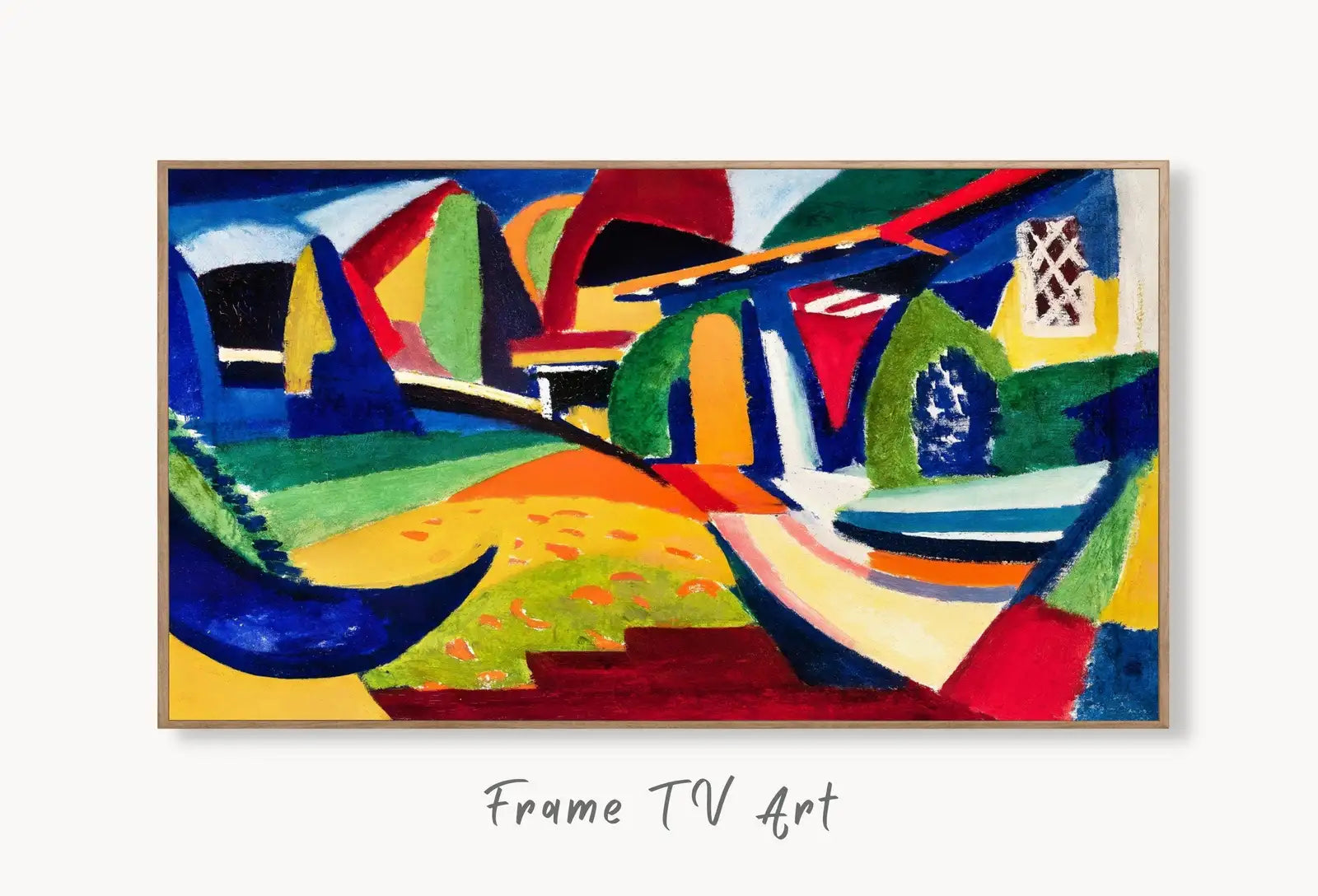 Samsung Frame TV Art 4K Colorful Cubist Abstract Painting. Instant Download Vintage Famous Abstract Painting. Aesthetic Art for Frame TV displayed on Samsung Frame TV on a living room wall.