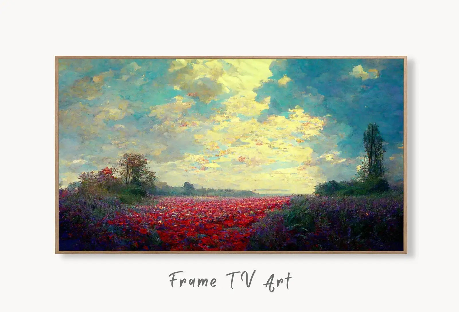 Samsung Frame TV Art 4K Colorful Flowers Field Monet Inspired Digital Painting. Instant Download Landscape Art for Frame TV. Botanical Art displayed on Samsung Frame TV on a living room wall.