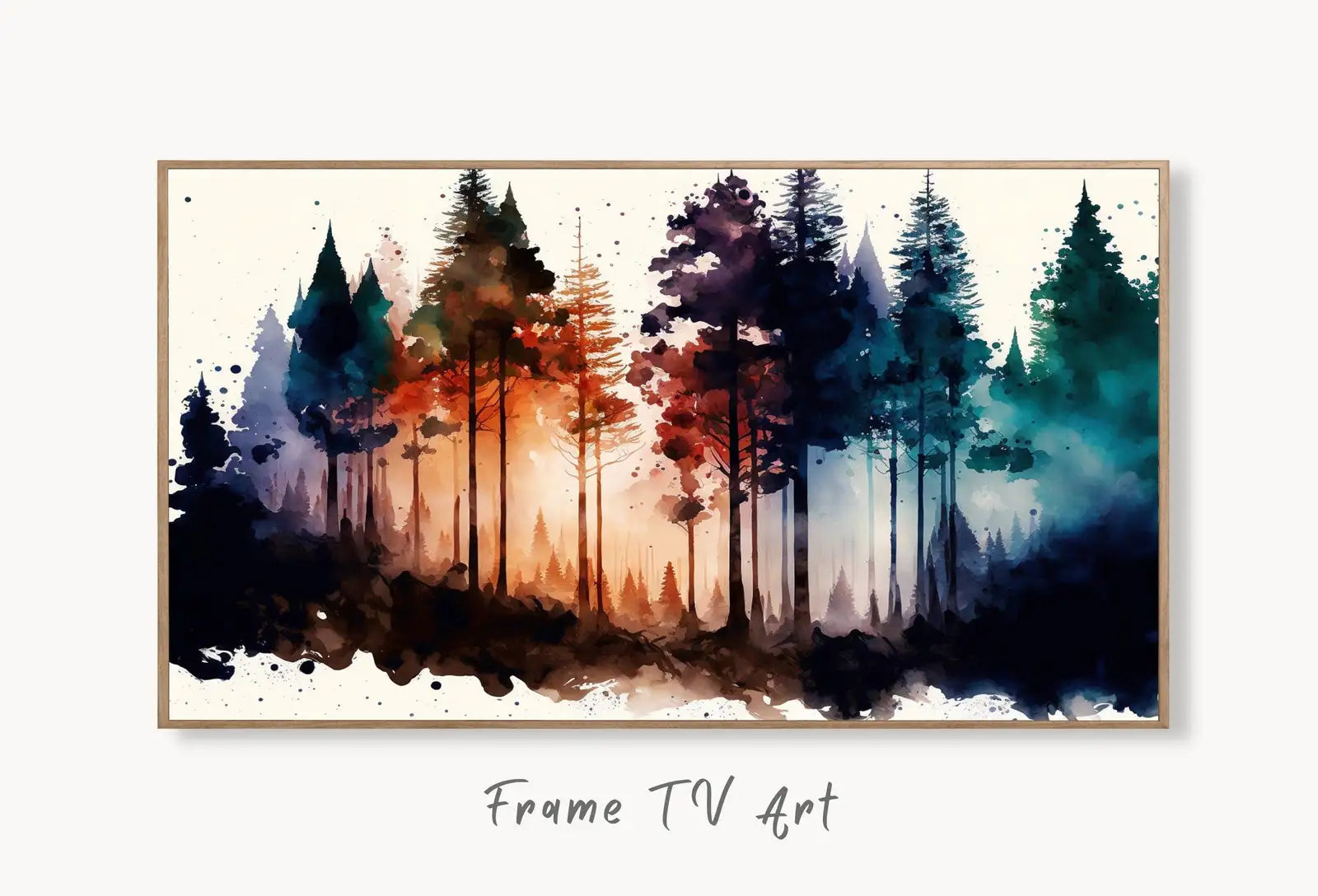 Samsung Frame TV Art 4K Colorful Forest Watercolor Landscape Digital Painting. Instant Download Forest Art for Samsung Frame TV. Art for TV displayed on Samsung Frame TV on a living room wall.