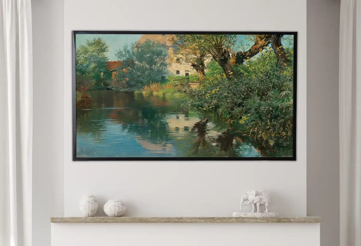 Samsung Frame TV Art 4K Creek in Spring Vintage Landscape Painting. Instant Download Spring Framhouse Landscape. Wall Art for Frame TV. – Frame TV  Art