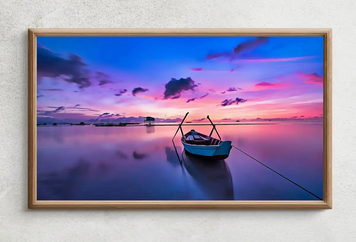 Detail view of artwork from Samsung Frame TV Art 4K Dawn with a Boat At Sea Print, Nautical Wall Decor. Instant Download Art for the Frame TV. Colorful Art for TV. (variation 2)