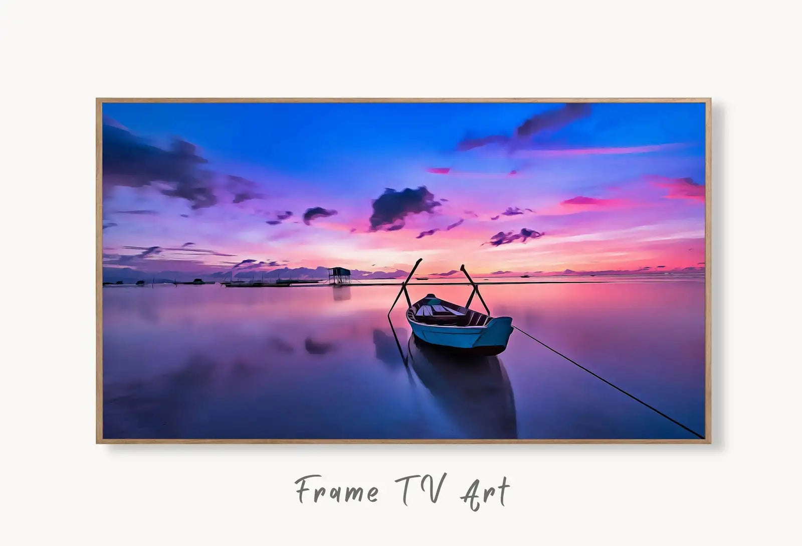 Samsung Frame TV Art 4K Dawn with a Boat At Sea Print, Nautical Wall Decor. Instant Download Art for the Frame TV. Colorful Art for TV displayed on Samsung Frame TV on a living room wall.