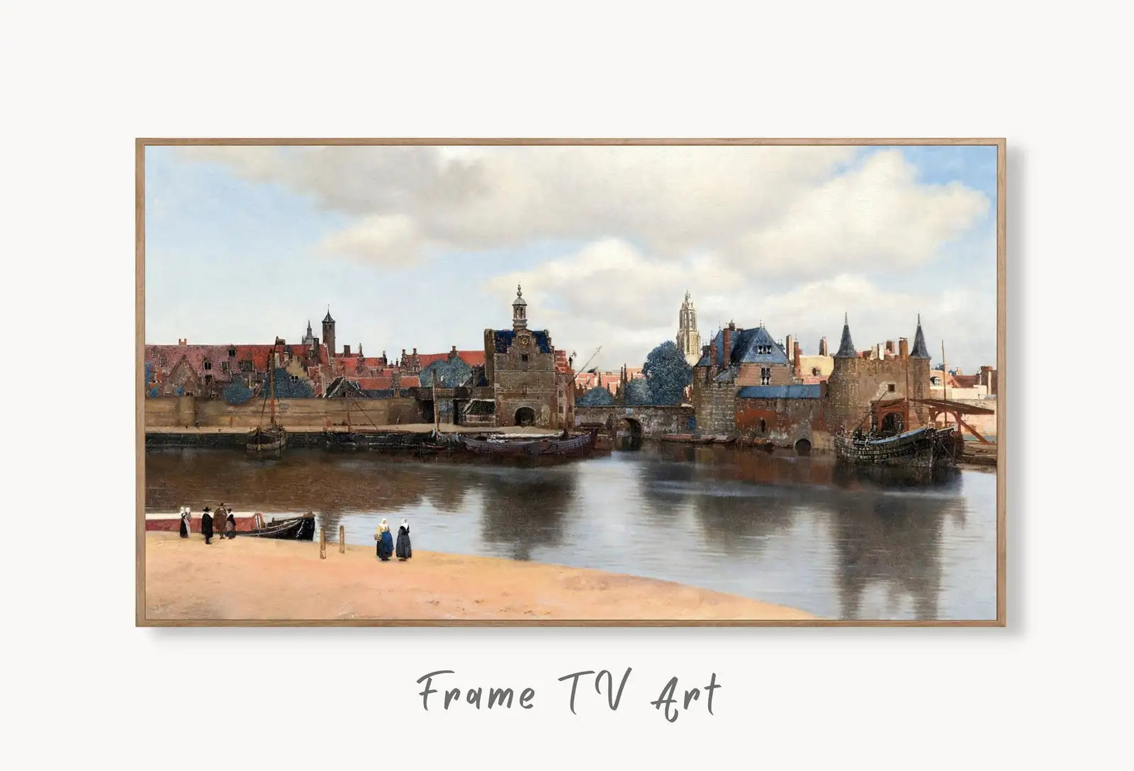 Samsung Frame TV Art 4K European Landscape Vintage City Oil Painting. Instant Download Rustic European Village Landscape for the Frame TV displayed on Samsung Frame TV on a living room wall.