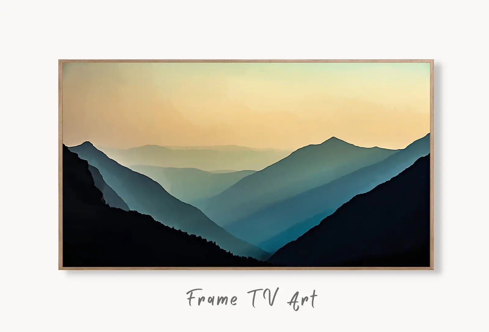 Samsung Frame TV Art 4k Evening in the Mountains Abstract Landscape. Evening Art Samsung TV Digital Download for Samsung Frame, Frame TV Art displayed on Samsung Frame TV on a living room wall.