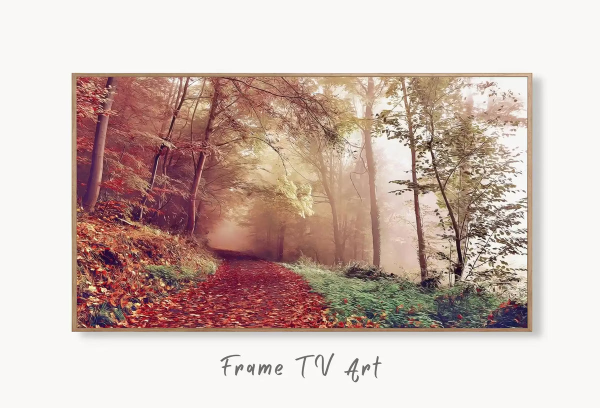 Samsung Frame TV Art 4K Fall Forest Foggy Trail Autumn Landscape Digital Painting. Instant Download Art for the Samsung Frame TV. Art for TV – Frame TV  Art