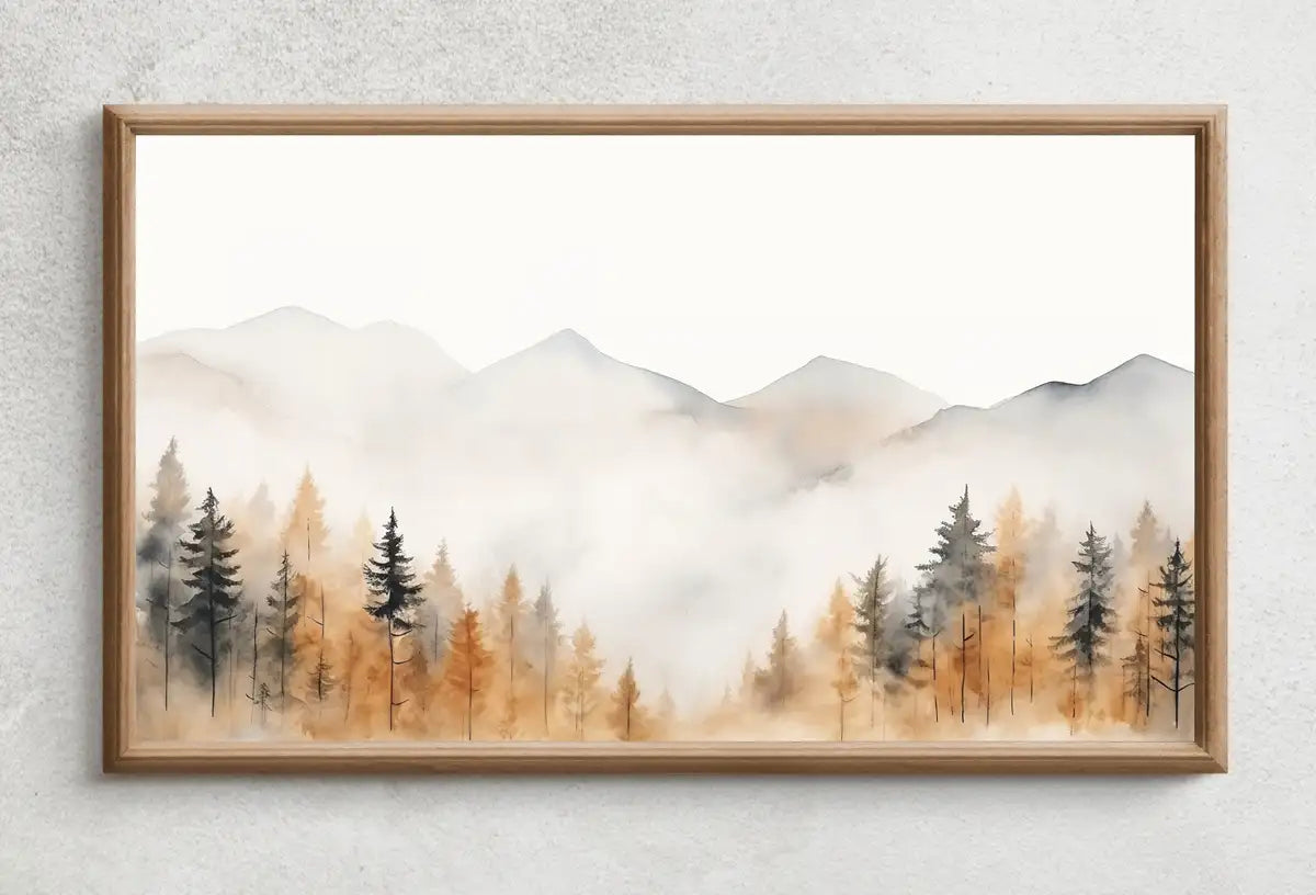 Detail view of artwork from Samsung Frame TV Art 4K Fall Forest Watercolor Landscape Painting. Instant Download. Minimalist Autumn Art for Frame TV. Nature Art for TV. (variation 2)
